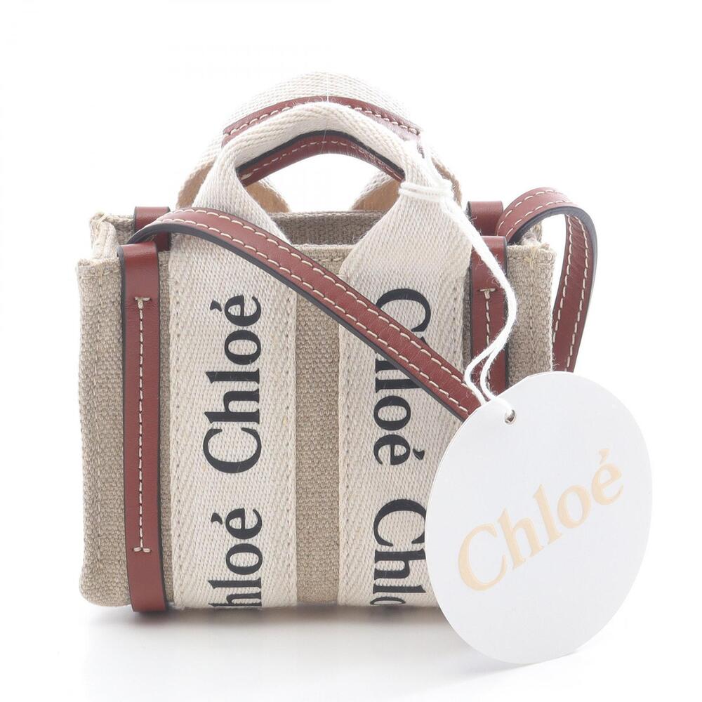 Chloe Woody Tote Canvas Leather Shoulder Bag Beige Brown